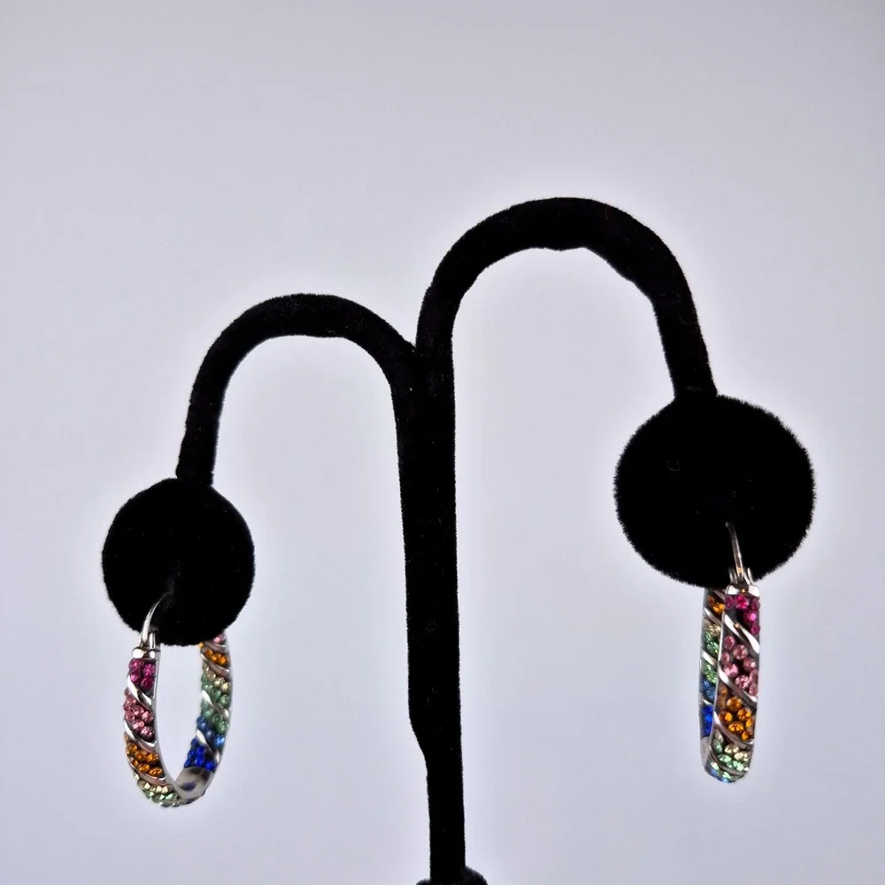 Rainbow CZ Hoop Earrings Set with Adjustable‎ Bolo Bracelet Pride Sparkly Glam